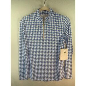 G Lifestyle Womens Peri Houndstooth Quarter Zip Long Sleeve Top Blue White Sz S